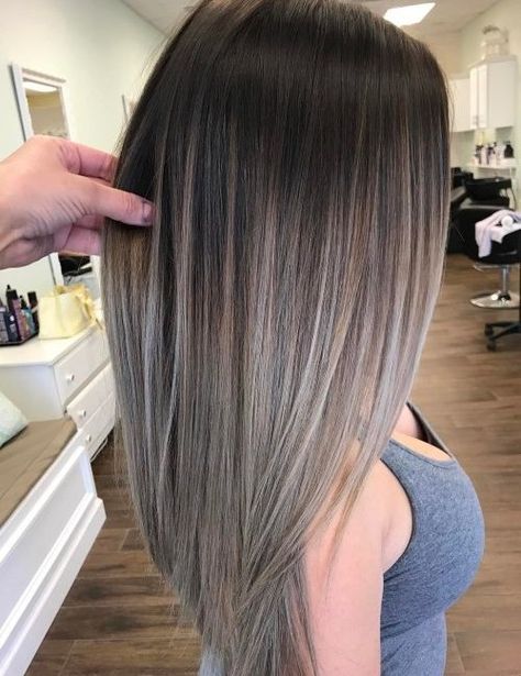 Highlights To Blend Grey On Brown Hair, Balayage Straight Hair 2023, Unique Bleached Hair Ideas, Dark Brown Hair With Silver Balayage, Balayage Hair Brunette With Blonde, Grey Balayage, Balayage Hair Color Ideas, Gray Balayage, Rambut Brunette