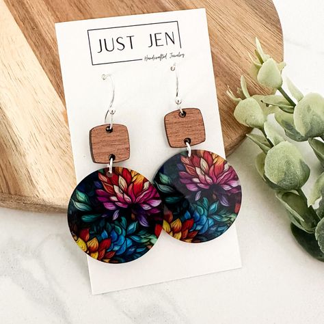 *Rainbow floral, dahlia flower acrylic and wood circle earrings  *Sapele wood *Double-sided! *Nickel-free earring hooks *1.6" from hook  *Lightweight and comfy! Wood Earring Ideas, Glowforge Projects, Sapele Wood, Flower Acrylic, Wood Circles, Nickel Free Earrings, Dahlia Flower, Wood Jewelry, Earring Hooks