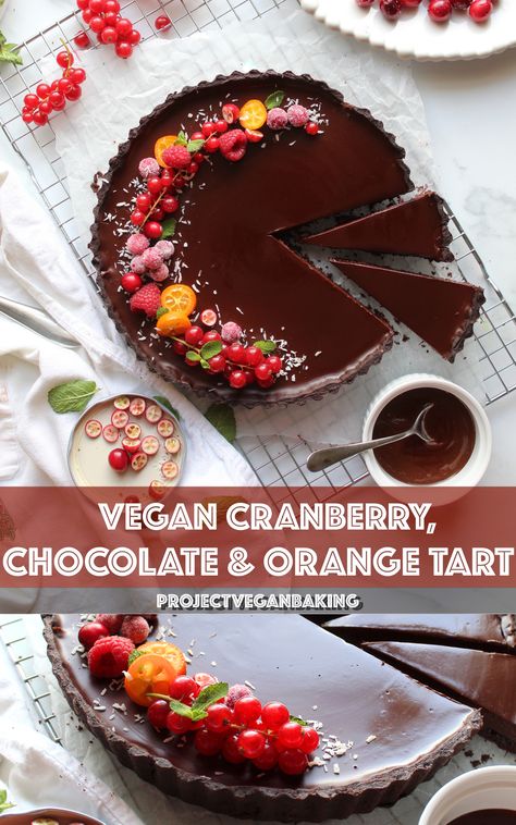 Cranberry and orange vegan chocolate tart! This dessert is the pinnacle of Christmas baking! The synergy of cranberry and orange in this lusciously rich chocolate tart are unparalleled! Thanksgiving Vegan Desserts, Vegan Chocolate Tart, Chocolate Tart Recipe, Easy Crust Recipe, Holiday Tarts, Chocolate And Orange Tart, Vegan Christmas Desserts, Cranberry Tart, Vegan Christmas Dinner