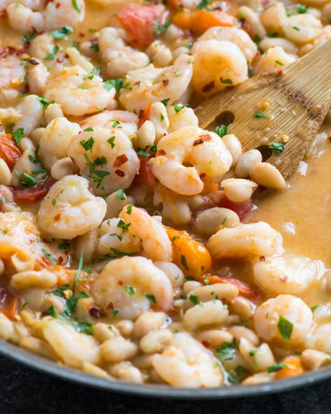 Shrimp Skillet Recipes, American Test Kitchen, Skillet Shrimp, White Bean Recipes, Sauteed Shrimp, Spicy Shrimp, Juicy Tomatoes, How To Cook Shrimp, Quick Cooking