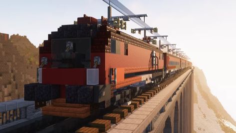 Minecraft Train Design, Minecraft Railway, Minecraft Train Station, Minecraft Train, Minecraft Create, Base Ideas, Minecraft City, Minecraft Map, Industrial Architecture