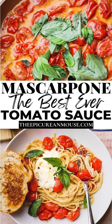 This simple mascarpone tomato sauce is made with summer-ripe cherry tomatoes, caramelized garlic and creamy mascarpone cheese. Finished with grated parmesan cheese and fresh basil leaves, this pasta is the epitome of summer. Recipes With Mascarpone Cheese, Caramelized Garlic, Pasta With Herbs, Roasted Grape Tomatoes, Mascarpone Recipes, Tomato Pasta Recipe, Fresh Tomato Recipes, Tomato Basil Pasta, Cherry Tomato Pasta