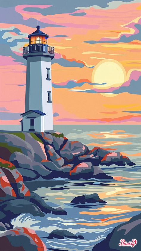 Digital Scenery Art, Vector Images Illustrations, Digital Illustrations, Flat Illustration Design, Vector Illustration Design Graphics, Easy Digital Art, Lighthouse Illustration, Lighthouse Drawing, Cuadros Diy