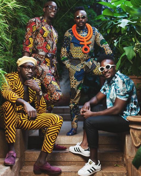 The musical group Sauti Sol captured in 2018 wearing suits that represent their culture. This is an example of modern black dandyism. Retrieved from All Things Sankara. Sauti Sol, Afro Punk Fashion, Style Africain, Afro Style, African Inspired Fashion, African Men Fashion, Africa Fashion, African Men, African Print Fashion