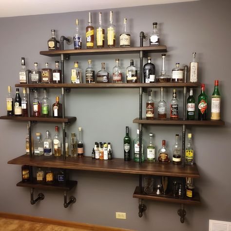 Mini Bar At Home Rustic, Pub Shelves Bar Ideas, Bourbon Man Cave Ideas, Wall Mount Bar Ideas, Cocktail Shelf Ideas, Wood Bar Shelving, Small Whisky Bar, Bar On Wall Ideas, Diy Bourbon Bar