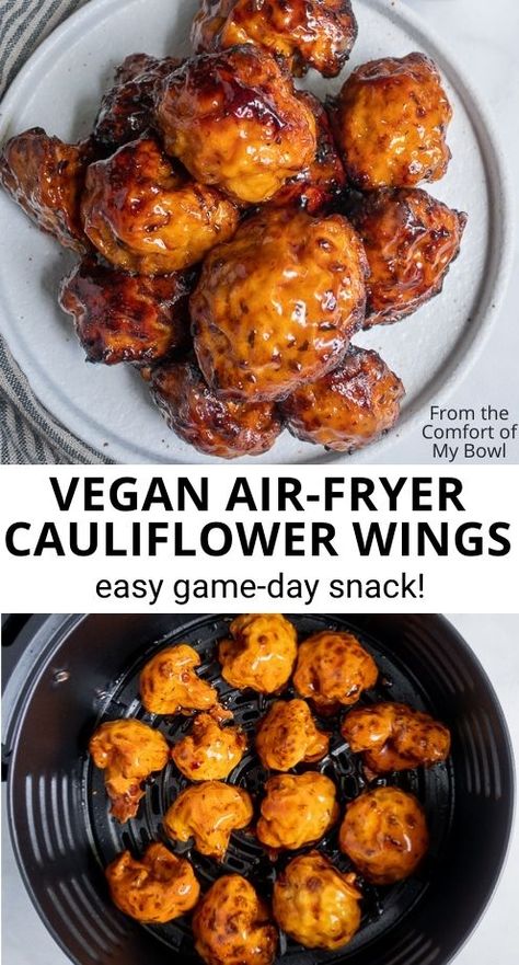 Vegan Air Fryer Cauliflower, Easy Cauliflower Wings, Air Fryer Cauliflower Wings, Vegan Airfryer, Vegan Air Fryer, Air Fryer Cauliflower, Vegan Cauliflower Recipes, Vegan Appetizers Recipes, Vegan Appetizer