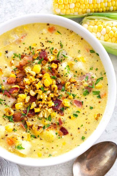 Corn Chowder Recipe - Jessica Gavin Cheddar Corn Chowder Ina Garten, Smoked Corn Chowder, Cajun Corn Soup Recipes, Corn Chowder Instant Pot, Cheesy Corn Chowder, Spicy Corn Chowder, Easy Corn Chowder Recipe, Corn And Potato Chowder, Easy Corn Chowder