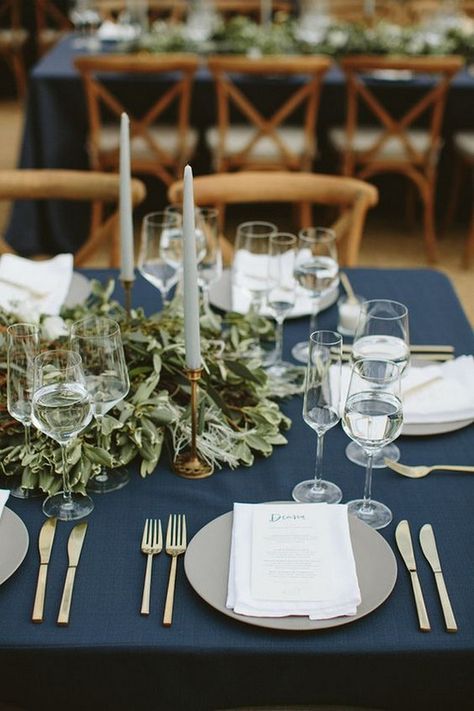 Thinking about incorporating the color navy blue on your wedding day? We will help you get inspired for that. From wedding ceremony and reception decor ideas, Blue And Greenery Wedding, Simple Table Setting, Navy Tablecloth, Blue Green Wedding, Ojai Wedding, Green Wedding Bouquet, Popular Wedding Colors, Wedding Color Ideas, Sage Wedding