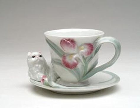 Cat Tea Party, Cat Cup, Life Vibes, Flower Cup, Iris Flower, Ceramic Cat, Cat Mom Gifts, Ceramic Tea Cup, Porcelain Cup