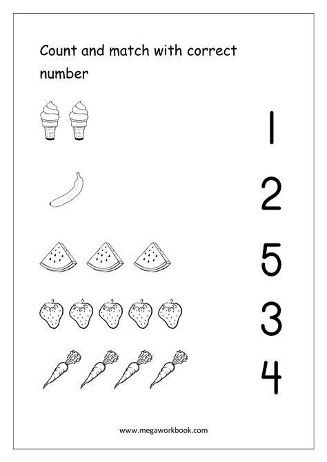 Math Worksheet - Count And Match With Number (1-5) Number Recognition Worksheets, Counting Worksheets For Kindergarten, One To One Correspondence, Kindergarten Math Free, Free Printable Numbers, Preschool Counting, Money Worksheets, Mathematics Worksheets, Matching Worksheets