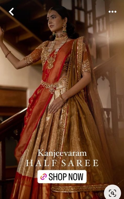 2 Saree Lehenga, Grand Half Saree For Wedding, Half Saree Lehenga Wedding, Kanchipuram Lehenga, South Indian Lehenga, South Indian Bride Saree, Half Saree Function, Lehenga Saree Design, Latest Bridal Lehenga