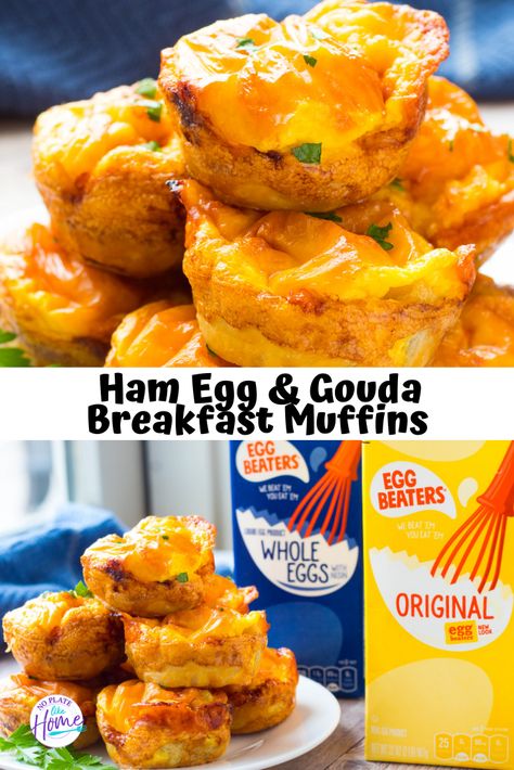 Ham Egg & Gouda Breakfast Muffins are a delicious way to take breakfast on-the-go which makes them great for meal planning and irresistible for brunch.  Our family loves this recipe because it tastes so "Gouda!" #breakfast #eggs #eggbeaters #recipe #gouda Egg Beaters Recipes Breakfast, Egg Beaters Recipes, Egg And Cheese Muffin Cups, Recipe For Ham, Content Portfolio, Cheese Muffin, Baked Egg Cups, Brunch Appetizers, Egg Muffins Breakfast