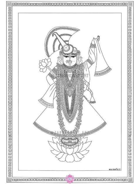 Shreenathji Drawing, Shreenathji Painting Sketch, Shreenathji Painting, Meenakari Painting, Lotus Drawing, Pichwai Art, Rajasthani Painting, Pichwai Painting, Krishna Consciousness