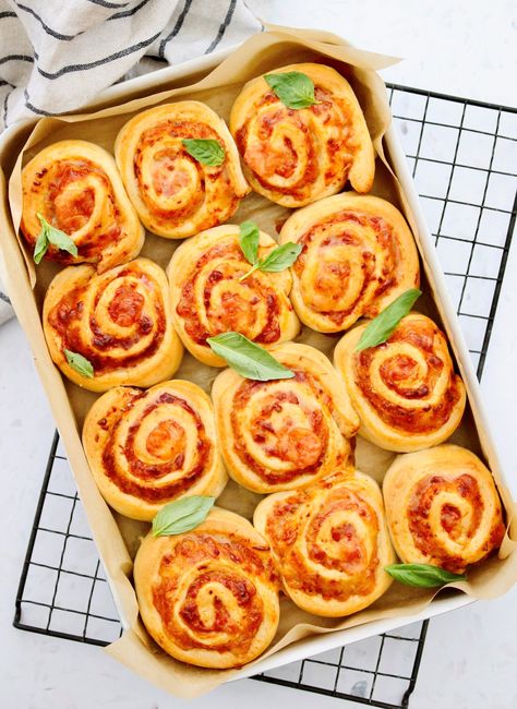 Pizza scrolls - FAB Pizza Scrolls, Scrolls Recipe, Tomato Pizza Sauce, Baking Tins, Crowd Pleaser, Bread Flour, Pizza Sauce, Fresh Basil, Mozzarella Cheese