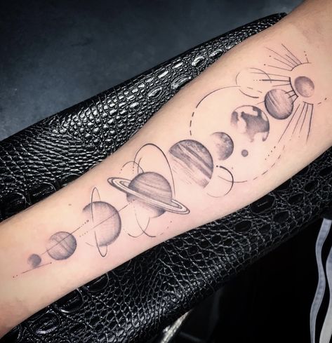 Planet Arm Tattoo, Women Space Tattoo, Planet Sleeve Tattoo, Sun And Planets Tattoo, Planets Tattoo Design, Astronomical Tattoo, Cosmic Tattoos, Planets Tattoo, Evolution Tattoo