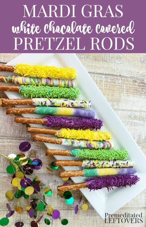 Mardi Gras Chocolate Covered Pretzels, Mardi Gras Snacks For Kids, Diy Pretzels, Mardi Gras Snacks, Pretzel Rods Recipe, Mardi Gras Party Food, Mardi Gras Desserts, Mardi Grad, Covered Pretzel Rods