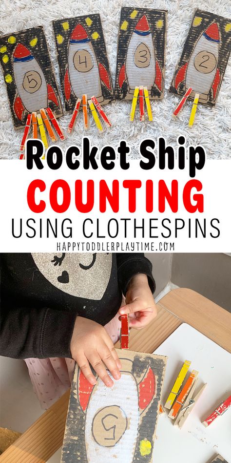 Rocket Ship Clothespin Counting Activity - HAPPY TODDLER PLAYTIME Air Transportation Math Activities, Space Counting Activities, Preschool Rocket Activities, Space Preschool Activities Math, Universe Preschool Activities, Rocket Ship Activities For Preschoolers, Space Activities For Toddlers Play Ideas, Outer Space Fine Motor Activities, Space Montessori Activities