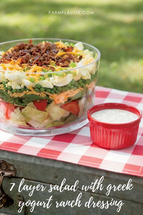 Cheddar cheese, fresh veggies and salty bacon are a few of the layers in this Seven-Layer Salad. Ranch Dressing Potato Salad, Greek Yogurt Ranch Dressing, Pasta Salad For Kids, Healthy Ranch Dressing, Yogurt Ranch, Yogurt Ranch Dressing, Greek Yogurt Ranch, 7 Layer Salad, Spinach Nutrition Facts