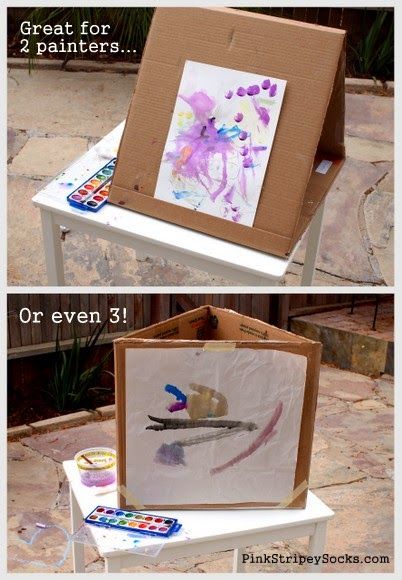 Turn a cardboard box into a DIY Cardboard Art Easel that accommodates 1, 2, or even 3 kids!  Great for play date! How To Make An Easel Out Of Cardboard, Diy Art Easel For Kids, Diy Cardboard Easel, Diy Easel, Art Easel, Play Date, Cardboard Art, Crafty Kids, Diy Cardboard