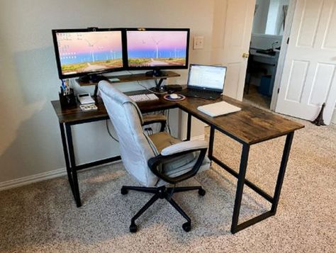 55-Inch L-Shaped Industrial Computer Corner Desk with Monitor Stand, Study Writing station for Home Brown Computer, Rustic Computer Desk, Industrial Computer Desk, Desk With Monitor Stand, Large Office Desk, Desk With Monitor, L Shaped Corner Desk, Rustic Desk, Corner Computer Desk