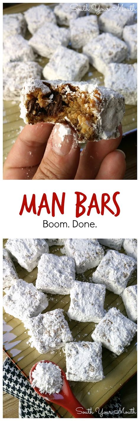 Man Bars! Crazy easy, unique cookie bars made with graham cracker crumbs and chocolate chips, cut and rolled in powdered sugar. #manbars Man Bars, Brownie Desserts, Unique Cookies, Oreo Dessert, Cookie Bar Recipes, Graham Cracker Crumbs, Yummy Sweets, Graham Cracker, Tea Cakes