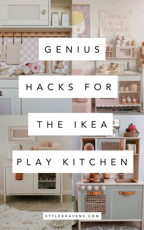 Planning an IKEA duktig kitchen makeover? Find out where to get the best supplies for an ikea play kitchen hack & see our very fav IKEA play kitchen makeovers that you can totally copy! (The ikea toy kitchen hack & duktig kitchen hack ideas in here are borderline genius!) If you're got an ikea toy kitchen, SAVE this collection of ikea play kitchen hack ideas TODAY! Ikea Play Refrigerator Hack, Ikea Childrens Kitchen Hack, Kids Play Kitchen Storage, Ikea Kitchen Hack Kids Montessori, Ikea Kitchen Playroom, Play Kitchen Upgrade, Diy Duktig Kitchen, Ikea Kitchen Playset Hack, Kidkraft Play Kitchen Makeover