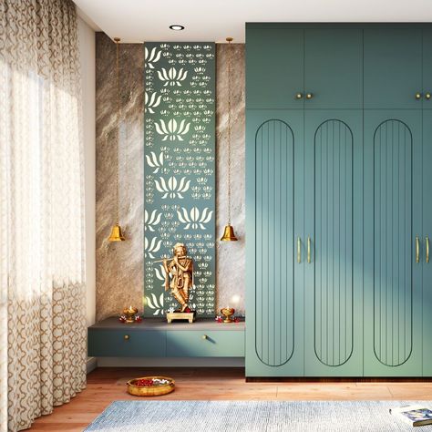 Lotus Motif Background Contemporary Pooja unit Design in Mare Cinereo Tone | Livspace Temple With Storage, Wardrobe With Pooja Unit, 2 Feet Pooja Unit, Pooja Unit Designs In Living Room, Pooja Area Design, Pooja Unit In Living Room, Pooja Unit Designs, Mandir Unit, Pooja Room Ideas Indian Modern