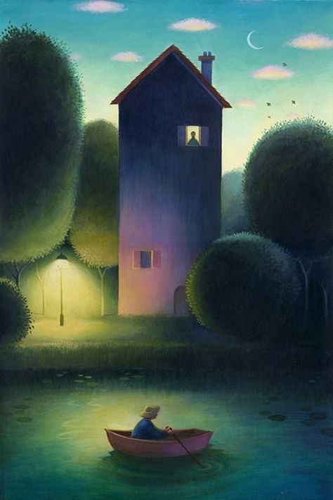 RICHARD JOHNSON Richard Johnson, Boat Illustration, Illustration Portfolio, 수채화 그림, Naive Art, Whimsical Art, Night Time, A House, Creative Ideas