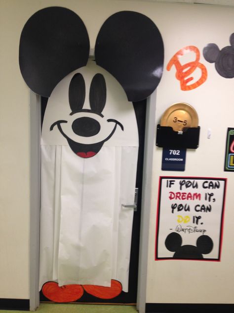 Mickey Mouse Ghost Door                                                                                                                                                     More Mickey Mouse Halloween Classroom Door, Mickey Mouse Halloween Door Decoration, Mickey Mouse Ghost, Mickey Mouse Classroom, Halloween Classroom Door, Halloween Classroom Decorations, Ghost Door, Disney Themed Classroom, Birthday Board Classroom