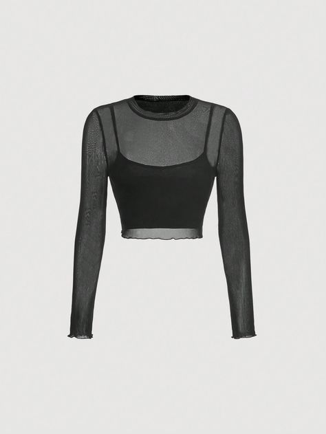 Blusa Cosecha Negra Transparente Con Detalles De Lechuga Negro Casual  manga larga Tela tejida Liso  Elástico Ligero  Women Clothing, size features are:Bust: ,Length: ,Sleeve Length: Long Sleeve Black Mesh Top, Goth Mesh Top, Black Long Sleeve Mesh Top, Crop Top Manga Larga, Cropped Shein, Top Transparente, Crop Tops Long Sleeve, Chic Black Outfits, Tops Manga Larga