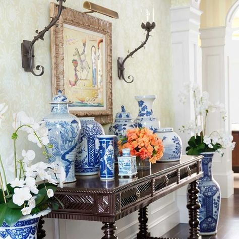 Our Favorite Blue & White Ginger Jars | The Well Appointed House Blog: Living the Well Appointed Life Ginger Jars Decor, Erin Gates Design, Asian Room, Jars Decor, Living Room Cozy, Living Room Decorations, Porcelain Decor, White Ginger Jars, British Colonial Style