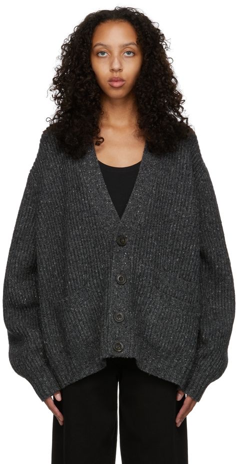 Long sleeve rib knit merino wool-blend cardigan in grey. · Button closure · Patch pockets at waist · Tonal hardware Supplier color: Dark grey melange Edgy Cardigan Outfits, Grey Cardigan Outfit Aesthetic, Dark Grey Cardigan Outfit, Gray Cardigan Outfit, Grey Outfit Ideas, Oversized Cardigan Outfit, Outfits With Grey Cardigan, Cardigan Outfit Aesthetic, Season Analysis