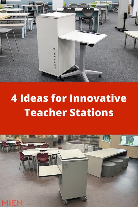 For decades, teachers have sat in the front of the classroom behind a bulky, stationary desk. While this approach works for many educators, these teacher stations have always left something to be desired. It’s crucial for teachers to have their own space to stay organized, focus when they need to, and be comfortable, but these spaces don’t need to be plain and old-fashioned. Instead, consider leveling up your teaching station with an innovative approach and modern furniture. #MiEN #teachers Teacher Turn In Station, Teacher Standing Desk, Teacher Desk And Kidney Table, Laptop Charging Station Ideas Classroom, Classroom Laptop Storage Charging Stations, Teacher Station, Teacher Podium, Stationary Desk, Teacher Storage