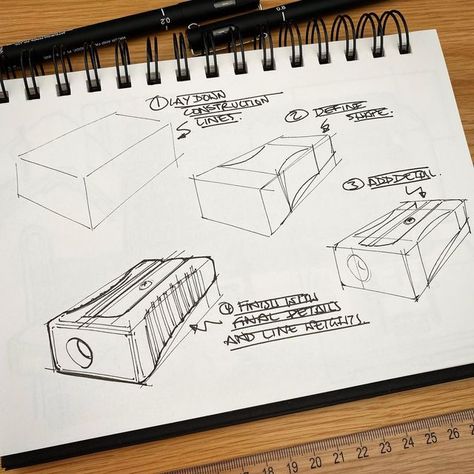 Industrial Design Sketch Tutorial, Sharpener Sketch, Sharpener Drawing, Sketch With Pencil, 3d Drawing Techniques, Basic Sketching, Draw Tutorial, Perspective Sketch, Structural Drawing