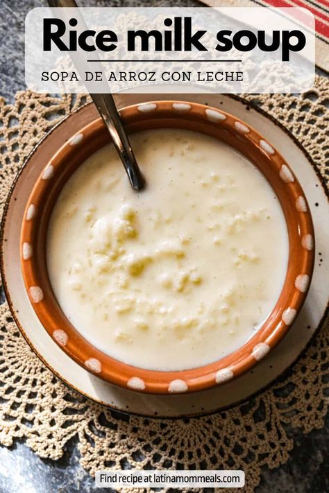 This creamy and authentic sopa de arroz con leche is a savory rice milk soup using only 5 ingredients to make a creamy soup that has a delicate flavor. Rice Milk Recipe, Rice And Milk, Milk Soup, Delicious Soups, Savory Rice, Creamy Rice, Rice Porridge, Spanish Rice, Rice Milk