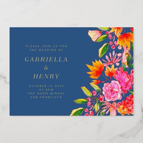 Blue Pink Orange Watercolor Floral Wedding Gold Foil Invitation Blue Orange Weddings, Bold Wedding Colors, Spring Summer Aesthetic, Orange And Pink Wedding, Popular Wedding Invitations, Summer Party Invitations, Orange Watercolor, Gold Foil Invitation, Gold Foil Wedding Invitations