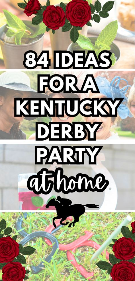 84 IDEAS FOR A KENTUCKY DERBY PARTY AT HOME - How to host a Kentucky Derby party at home (running of the roses parties). Fun Kentucky Derby party recipes ideas, Kentucky derby drinks, Kentucky Derby race party activities for adults and kids. Plus what to wear to a Kentucky Derby party for women and outfits for men Kentucky Derby attire. Everything for your Kentucky Derby aesthetic! #kentuckyderby #horserace #themeparty #derbyparty #southernparty #springparty #gardenparty Kentucky Derby Aesthetic, Derby Aesthetic, Party Activities For Adults, Kentucky Derby Centerpieces, Kentucky Derby Fundraiser, Kentucky Derby Drinks, Derby Food, Kentucky Derby Food, Kentucky Derby Theme