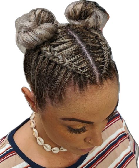 Festival style hair braiding with space buns Festival Hair Braids, Space Buns Hair, Braided Space Buns, Trendy Mens Hairstyles, Hair Inspiration Long, Dutch Braids, Bella Hair, Curly Pixie Cuts, Space Buns