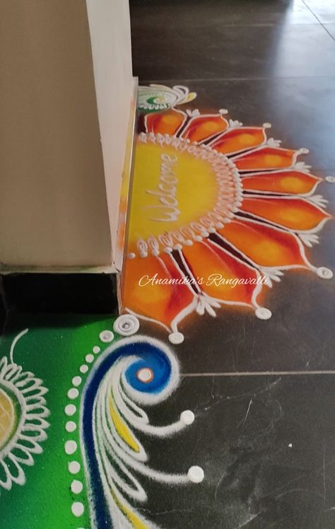 Welcome Baby Rangoli, Rangoli Pic, Welcome Rangoli Design, Karvachauth Photoshoot, Welcome Rangoli, Kolka Design, Rangoli Painting, 3d Rangoli, Diwali Crafts