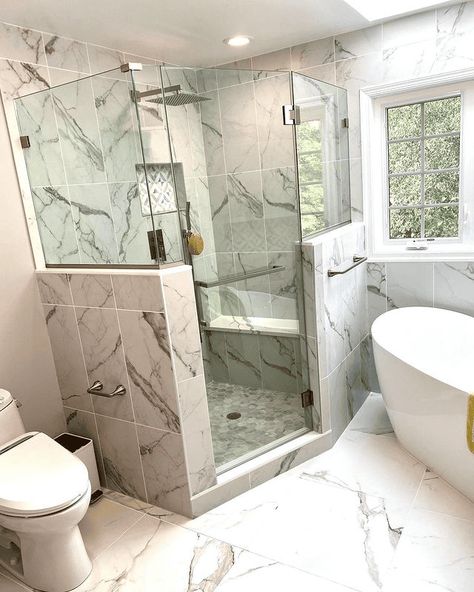 I researched design ideas for my little corner shower, and when I implemented a few, my mind was blown! Corner Shower Ideas, Glass Corner Shower, Shower Images, Corner Door, Shower Style, Elegant Tiles, Brown Bathroom, Exterior Remodel, Corner Shower