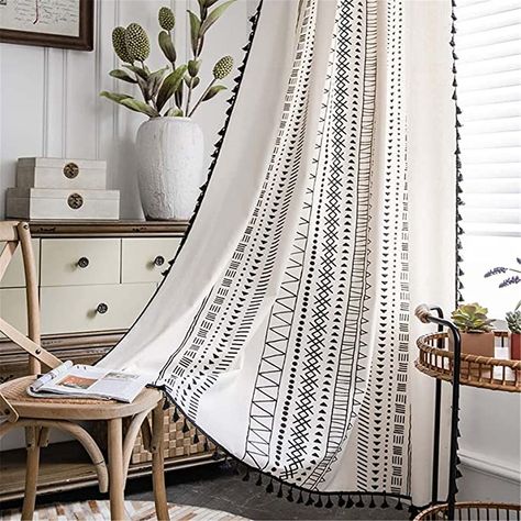 Deeprove Boho Curtains 84 Inches Long, White Cream Cotton and Linen Bohemian Print Black Tassel, Geometric Semi-Blackout Window Panel Fringe Drape for Living Room, Rod Pocket, 1 Panel, 59"x84" : Home & Kitchen Rideaux Boho, Cortinas Boho, Bohemian Curtains, Tassel Curtains, Farmhouse Curtains, Boho Curtains, Blackout Drapes, Suspension Design, White Curtains