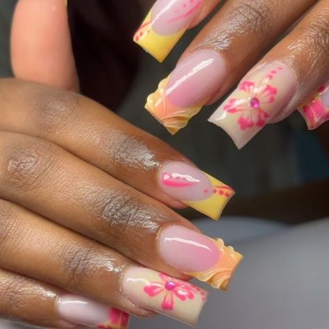 MOOKI NAILS on Instagram: "hawaii tropical vibes 🌸🧡💖   #acrylicnails #nailart #summernails @queenspeckham" Hawaii Nails Ideas Hawaiian Flowers, Tropical Acrylic Nails, Hawaiian Flower Nails, Hawaiian Nails, Hawaii Nails, Beachy Nails, Hawaii Tropical, Tropical Nails, Hawaiian Birthday