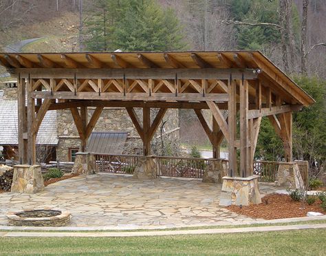 Post And Beam Shed, Cabin Porches, Timber Frame Pavilion, Timber Frame Cabin, Roof Truss Design, Timber Pergola, Timber Frame Barn, Post And Beam Home, Timber Logs