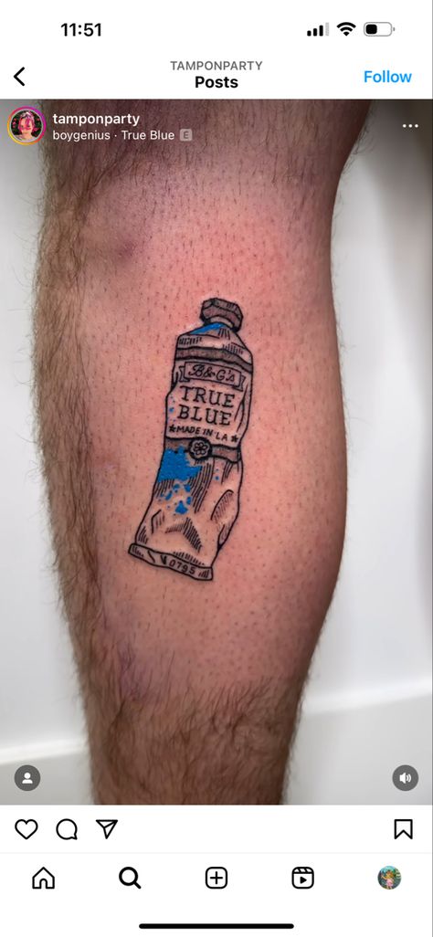 Paint Can Tattoo, True Blue Tattoo, Paint Tube Tattoo, Tattoo Tube, Paint Tube, Blue Tattoo, Paint Tubes, Painting Tattoo, Makeup Tattoos