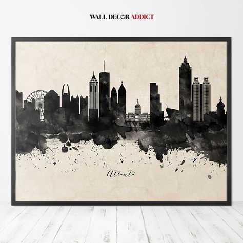 Atlanta Tattoo, Skyline Artwork, Atlanta City, Atlanta Art, Atlanta Skyline, Office Design Inspiration, City Wall Art, Cityscape Art, Watercolor Walls