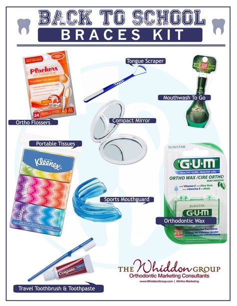 What does your orthodontic practice recommend for a back to school braces emergency kit? Braces Kit, Braces Problems, Permanent Retainer, Orthodontics Marketing, Braces Food, Cute Braces Colors, Dental Quotes, Braces Tips, Getting Braces