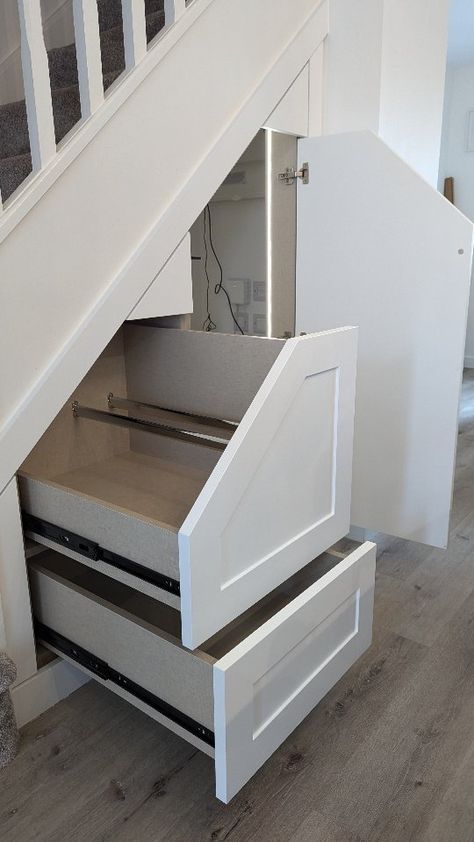 Matthew Robertson | Under Stair Storage - 3 drawers and a door... Spray finished in railings with Caledonian oak drawer boxes ... #understairstorage... | Instagram Pullout Drawers Under Stairs, Understairs Storage Drawers, Under Stairs Hidden Storage, Small Under Stairs Storage, Under Stairs Storage Drawers, Understair Storage, Under Stair Storage, Under Stairs Storage, Under Stair