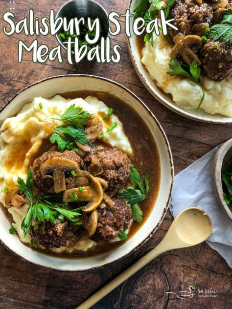 Salisbury Meatballs, Easy Dinner Dishes, Salisbury Steak Meatballs, Meatballs And Gravy, Over Mashed Potatoes, Fluffy Mashed Potatoes, Heart Recipes, Ground Meat Recipes, Recipe Tin