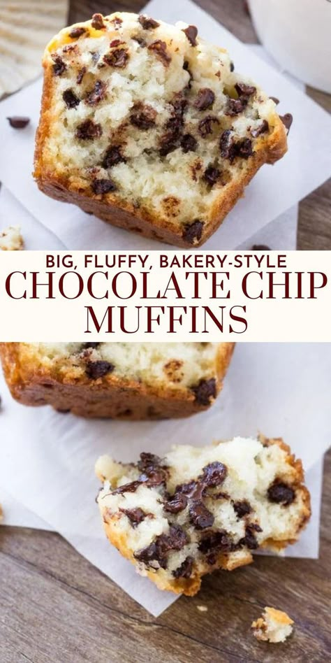 Bakery Muffin, Bakery Style Chocolate Chip Muffins, Chocolate Chip Muffin Recipe, Bakery Style Muffins, Homemade Muffins, Chocolate Chip Muffins, Kue Ulang Tahun, Chocolate Muffins, Baking Sweets