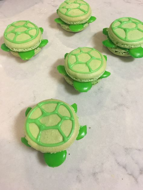 Turtle macaron success Sea Turtle Macarons, Turtle Macarons, Turtle Dessert, Dessert Animals, Party Treat Ideas, Aesthetic Desserts, Turtle Time, Turtle Cake, Pavlova Recipe